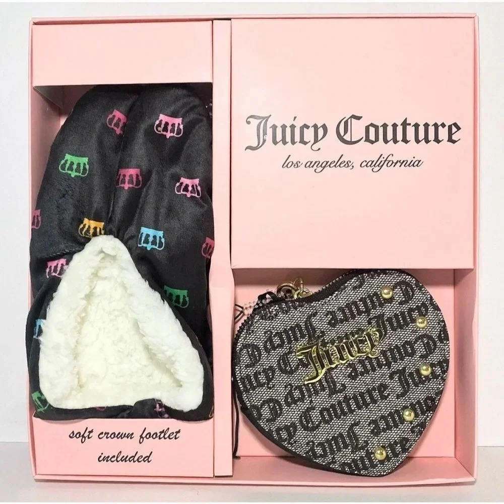 Juicy Couture Logo Print Heart Wristlet Bag & Crown Print Slippers Footies Set - Picture 2 of 5